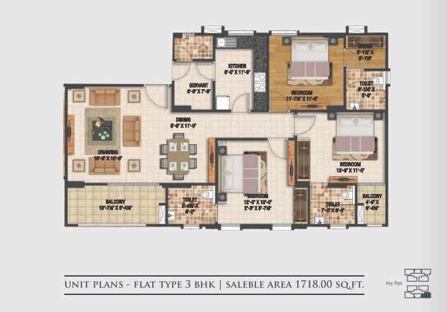 Floor plan of 3 BHK 1718 Sq. Ft. Apartment in Macro Harsh The Coronation, Jaipur