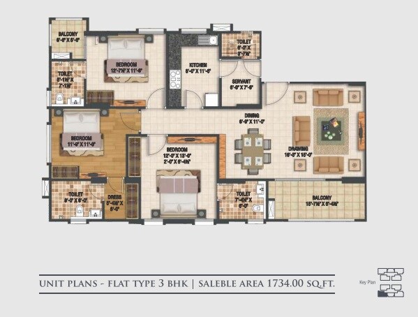 Floor plan of 3 BHK 1734 Sq. Ft. Apartment in Macro Harsh The Coronation, Jaipur