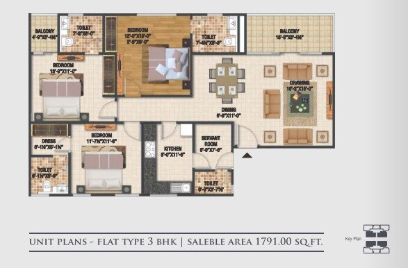 Floor plan of 3 BHK 1791 Sq. Ft. Apartment in Macro Harsh The Coronation, Jaipur