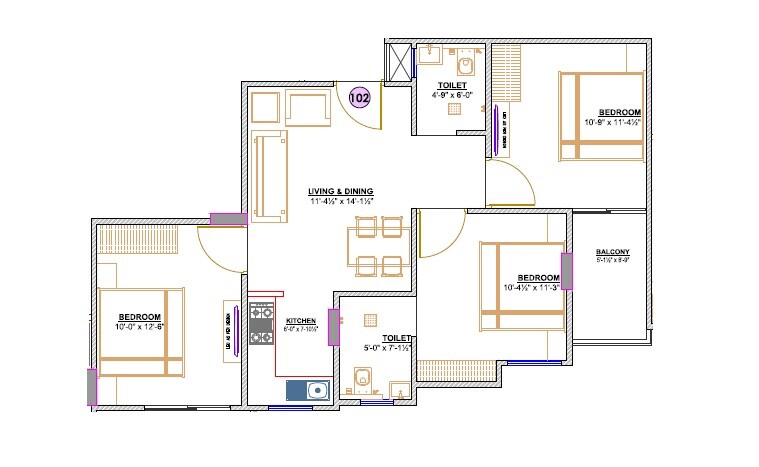 Floor plan of 2 BHK 624 Sq. Ft. Apartment in Mahadev Samriddhi Aashiyana, Jaipur