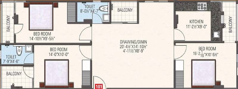 Floor plan of 3 BHK 1485 Sq. Ft. Apartment in Mahal Residency, Jaipur