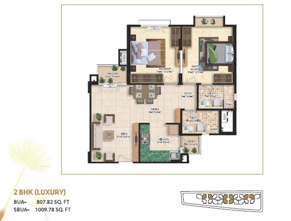 Floor plan of 2 BHK 1009 Sq. Ft. Apartment in Mahima Bellevista, Jaipur