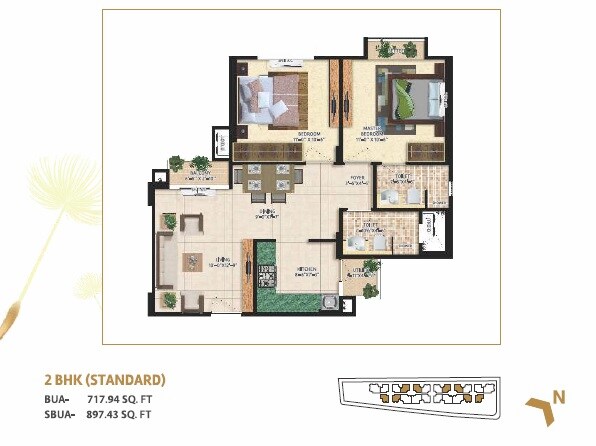 Floor plan of 2 BHK 897 Sq. Ft. Apartment in Mahima Bellevista, Jaipur