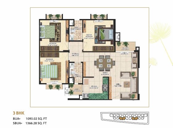 Floor plan of 3 BHK 1366 Sq. Ft. Apartment in Mahima Bellevista, Jaipur