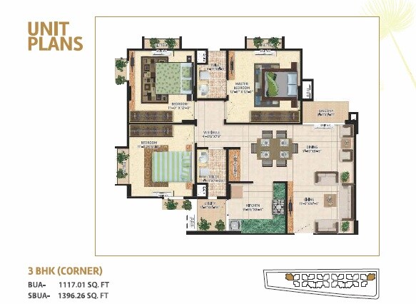 Floor plan of 3 BHK 1396 Sq. Ft. Apartment in Mahima Bellevista, Jaipur