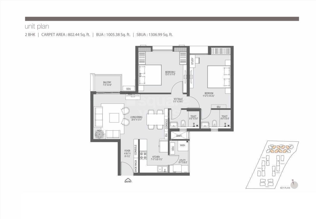 Floor plan of 2 BHK 1307 Sq. Ft. Apartment in Mahima Florenza, Jaipur