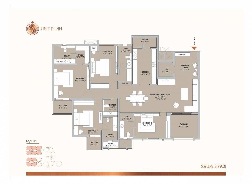 Floor plan of 4 BHK 3179 Sq. Ft. Apartment in Mahima Mansion Royale, Jaipur