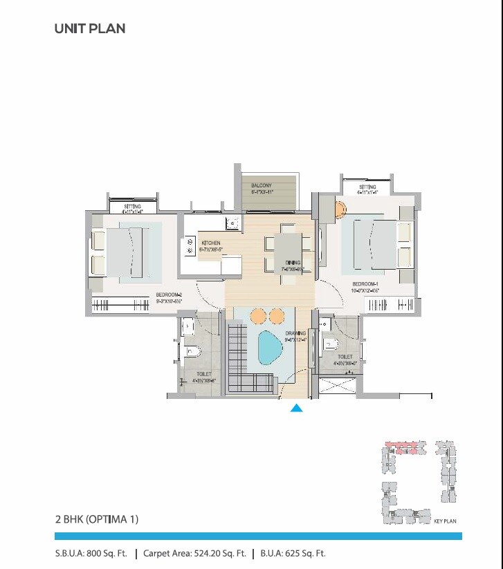 Floor plan of 2 BHK 524 Sq. Ft. Apartment in Mahima Sansaar, Jaipur