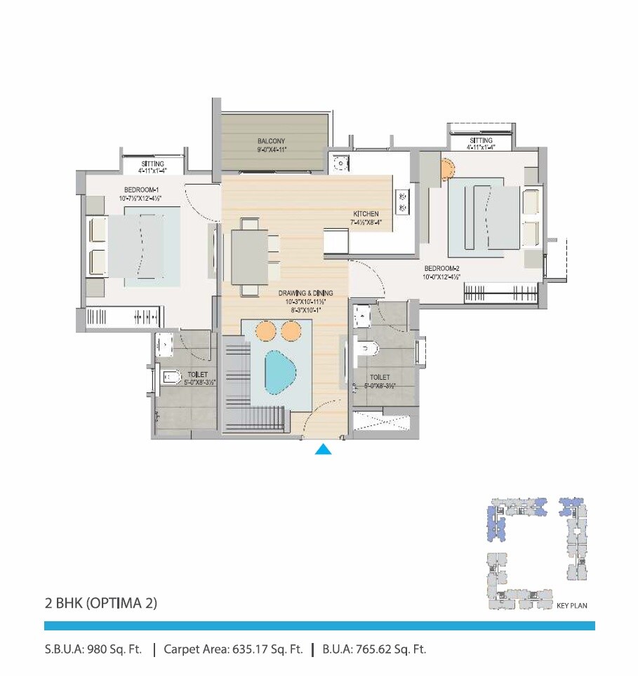 Floor plan of 2 BHK 638 Sq. Ft. Apartment in Mahima Sansaar, Jaipur