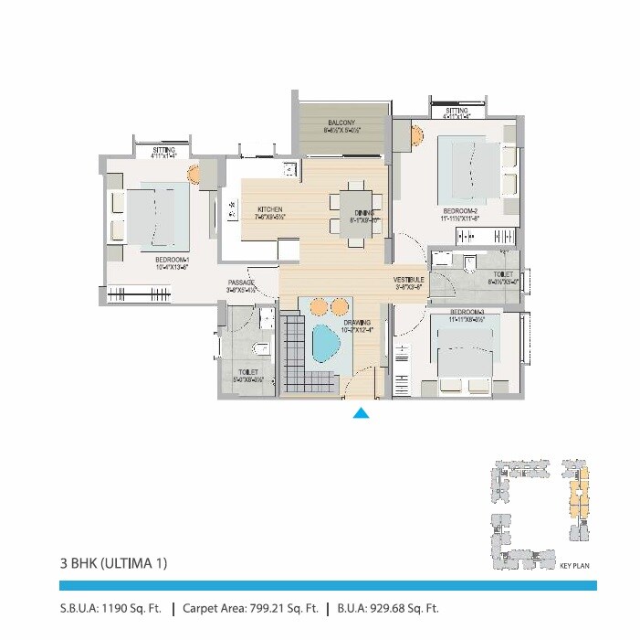 Floor plan of 3 BHK 799 Sq. Ft. Apartment in Mahima Sansaar, Jaipur
