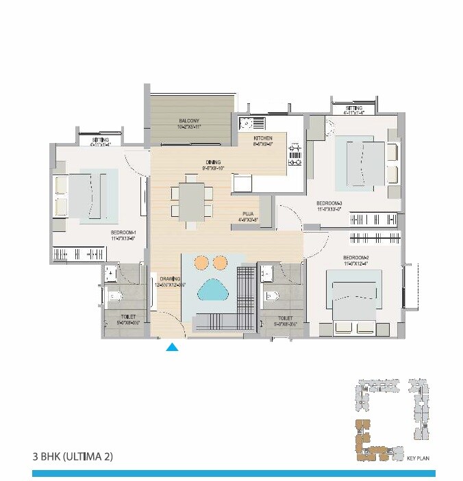 Floor plan of 3 BHK 1101 Sq. Ft. Apartment in Mahima Sansaar, Jaipur