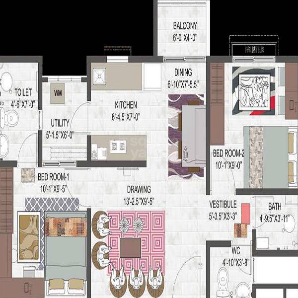 Floor plan of 2 BHK 833 Sq. Ft. Apartment in Mahima Shubh Nilay, Jaipur