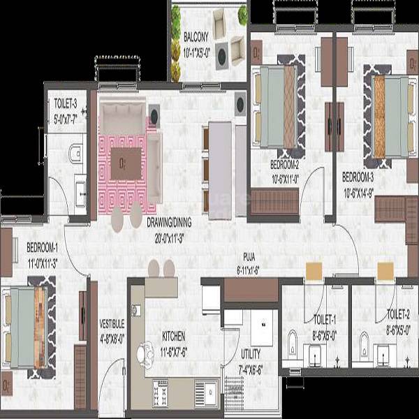 Floor plan of 3 BHK 1519 Sq. Ft. Apartment in Mahima Shubh Nilay, Jaipur