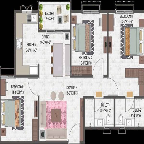 Floor plan of 3 BHK 1945 Sq. Ft. Apartment in Mahima Shubh Nilay, Jaipur