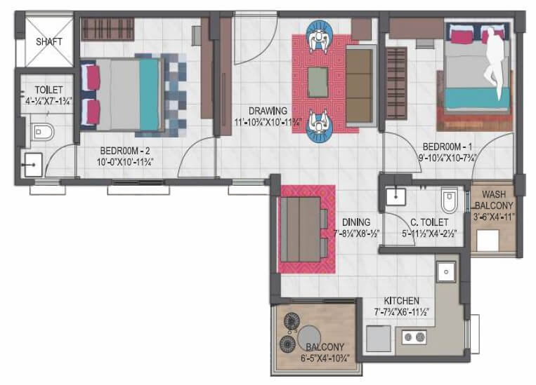 Floor plan of 2 BHK 529 Sq. Ft. Apartment in Mahima Uday, Jaipur