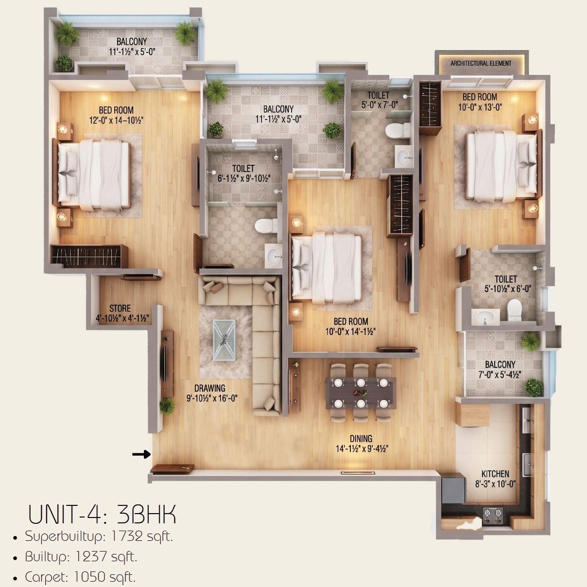 3 BHK 1732 Sq. Ft. Apartment