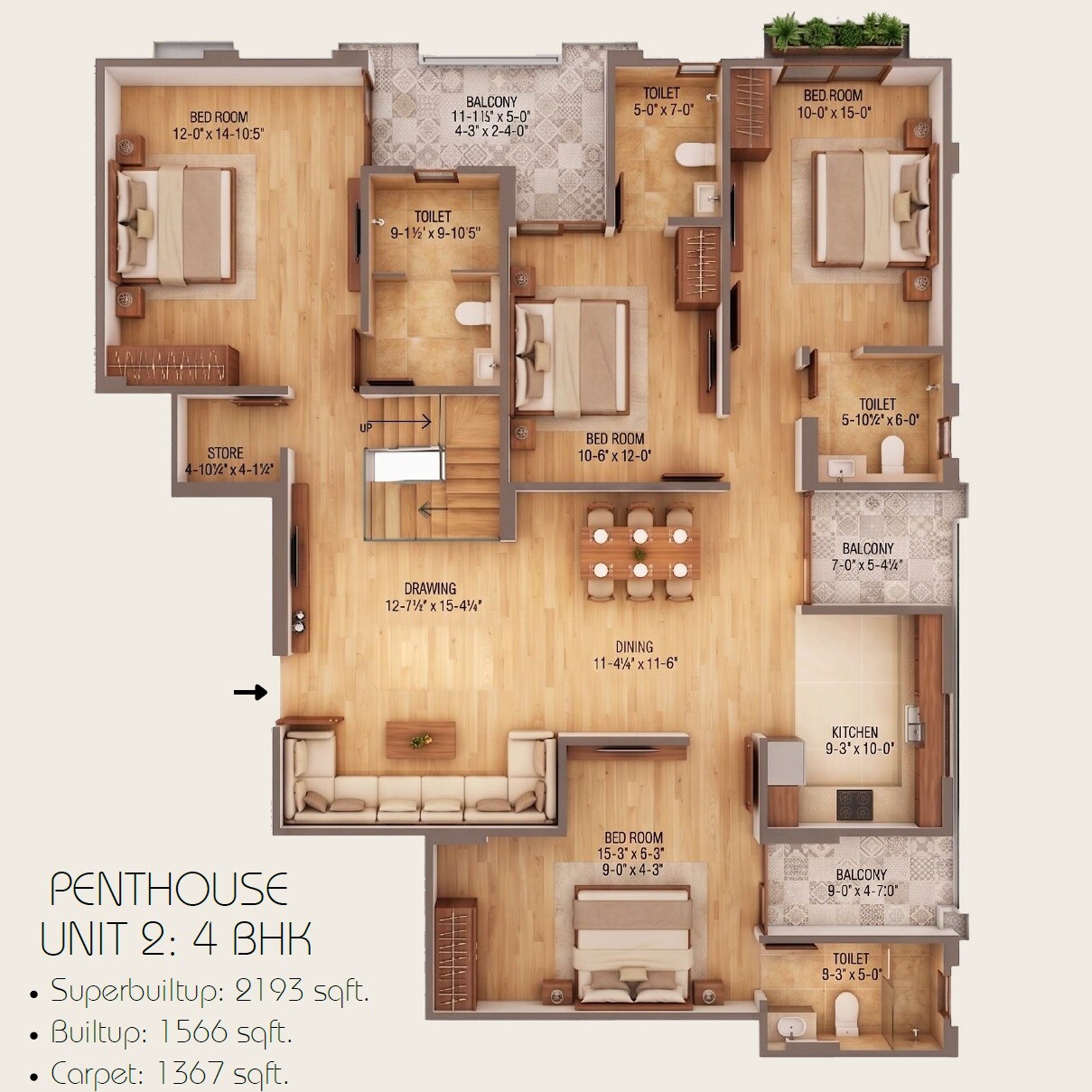 Floor plan of 4 BHK 2193 Sq. Ft. Penthouse in Mangal Deep, Jaipur