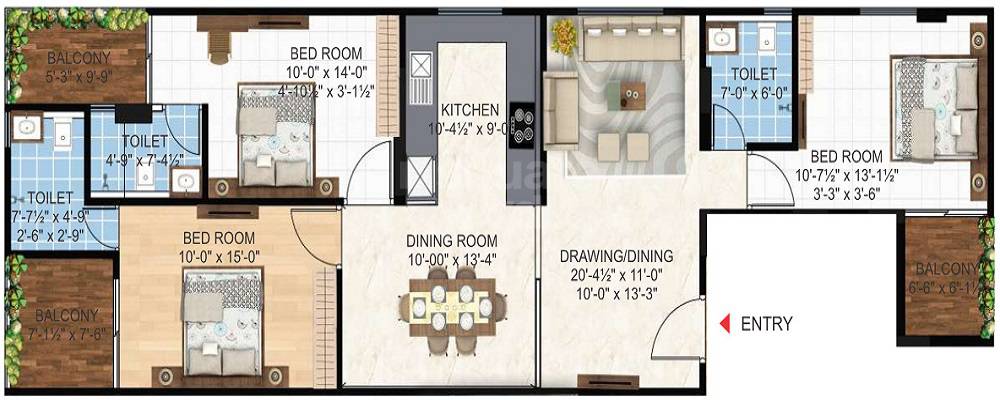 Floor plan of 3 BHK 1087 Sq. Ft. Apartment in Mangalam Elgin Heights, Jaipur