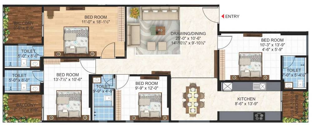 Floor plan of 4 BHK 1417 Sq. Ft. Apartment in Mangalam Elgin Heights, Jaipur