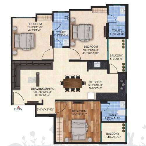 Floor plan of 3 BHK 1333 Sq. Ft. Apartment in Mangalam Mayfair Greens, Jaipur