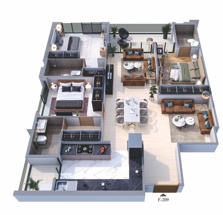 Floor plan of 3 BHK 1929 Sq. Ft. Apartment in Manglam 14 Woodland Park, Jaipur