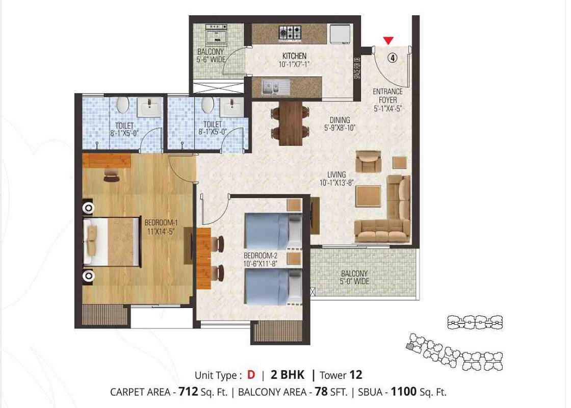 Floor plan of 2 BHK 1100 Sq. Ft. Apartment in Manglam Aananda, Jaipur