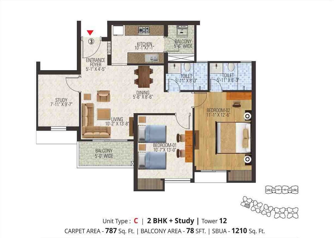 Floor plan of 2 BHK 1210 Sq. Ft. Apartment in Manglam Aananda, Jaipur
