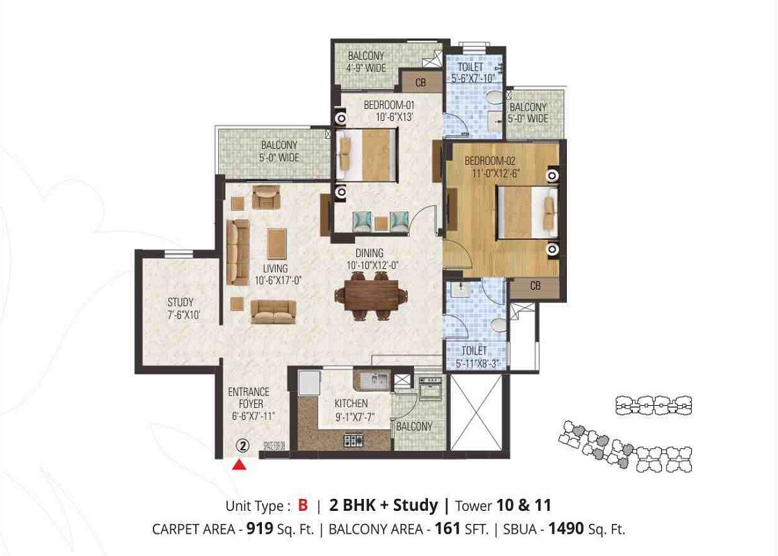 Floor plan of 2 BHK 1490 Sq. Ft. Apartment in Manglam Aananda, Jaipur