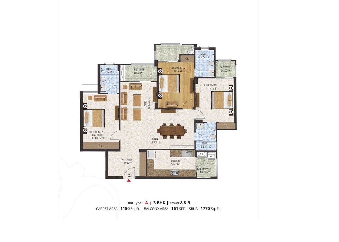 Floor plan of 3 BHK 1770 Sq. Ft. Apartment in Manglam Aananda, Jaipur