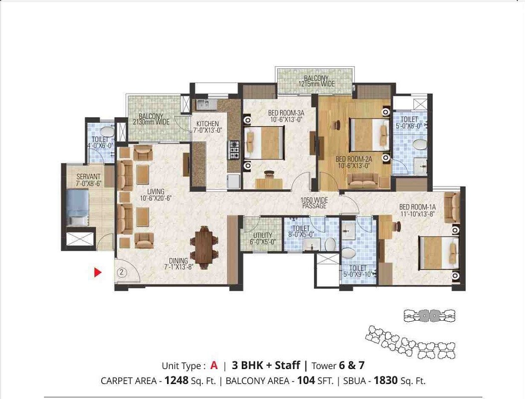 Floor plan of 3 BHK 1830 Sq. Ft. Apartment in Manglam Aananda, Jaipur