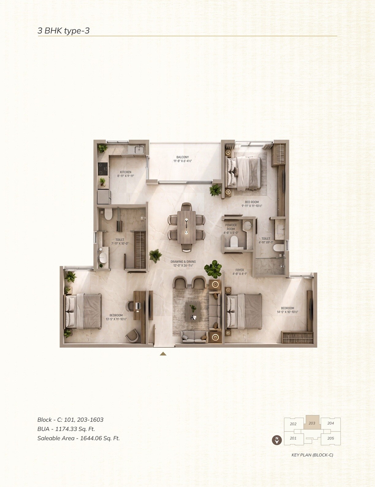 Floor plan of 3 BHK 1644 Sq. Ft. Apartment in Manglam Aaradhya, Jaipur