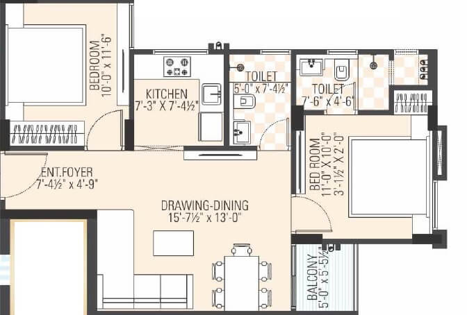 2 BHK 850 Sq. Ft. Apartment