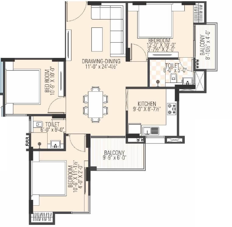 Floor plan of 3 BHK 1218 Sq. Ft. Apartment in Manglam Dream Avenue, Jaipur
