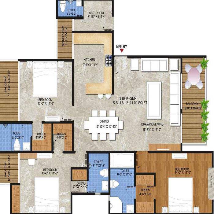 Floor plan of 3 BHK 1329 Sq. Ft. Apartment in Manglam Garden City, Jaipur
