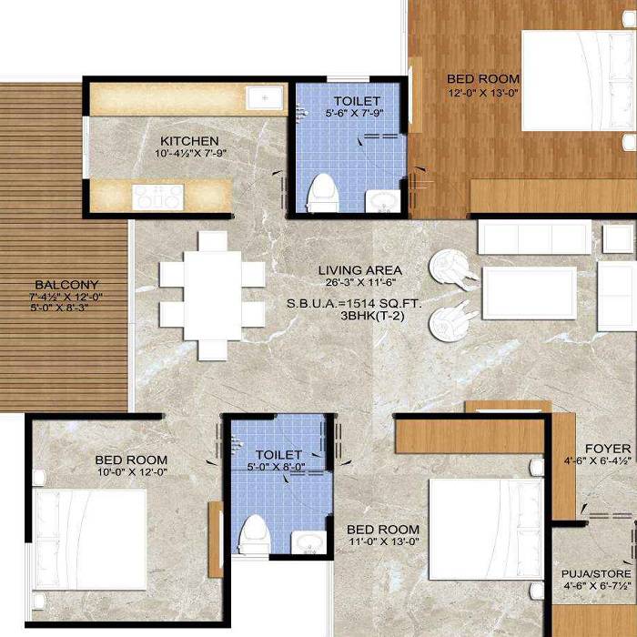Floor plan of 3 BHK 980 Sq. Ft. Apartment in Manglam Garden City, Jaipur