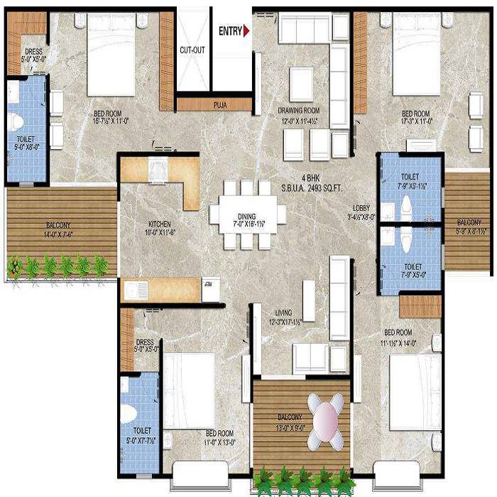 Floor plan of 4 BHK 1578 Sq. Ft. Apartment in Manglam Garden City, Jaipur
