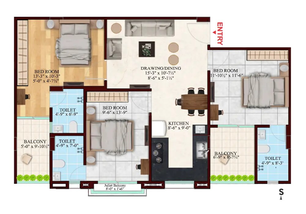 Floor plan of 3 BHK 885 Sq. Ft. Apartment in Manglam Mayfair Elite, Jaipur
