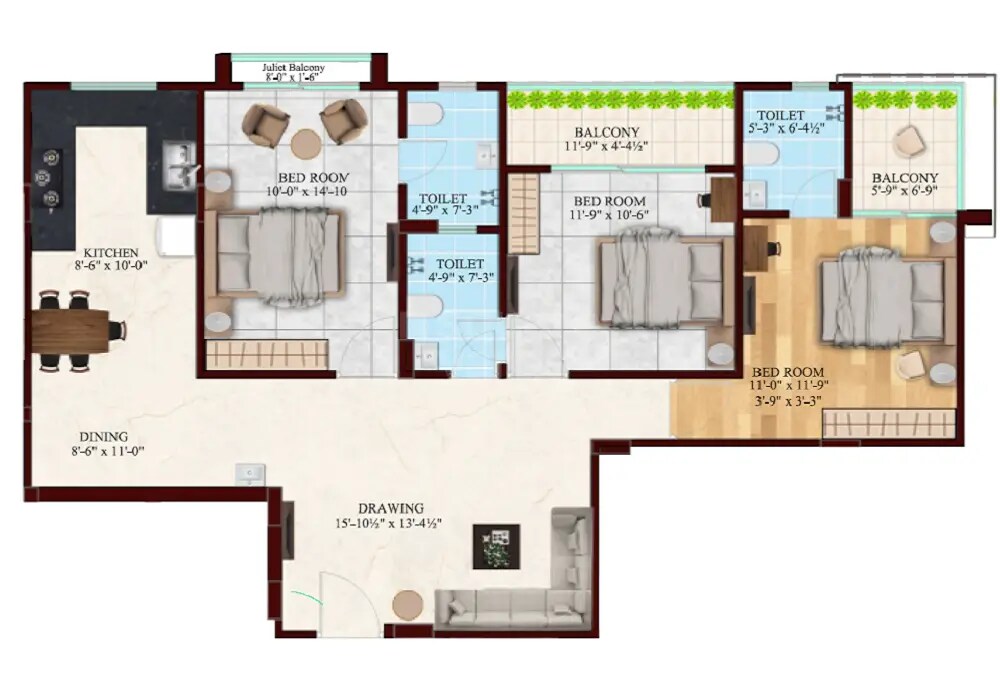 Floor plan of 3 BHK 992 Sq. Ft. Apartment in Manglam Mayfair Elite, Jaipur