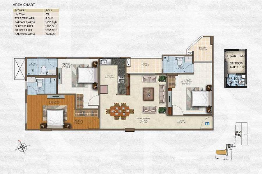 Floor plan of 3 BHK 1652 Sq. Ft. Apartment in Manglam Park Infinia, Jaipur