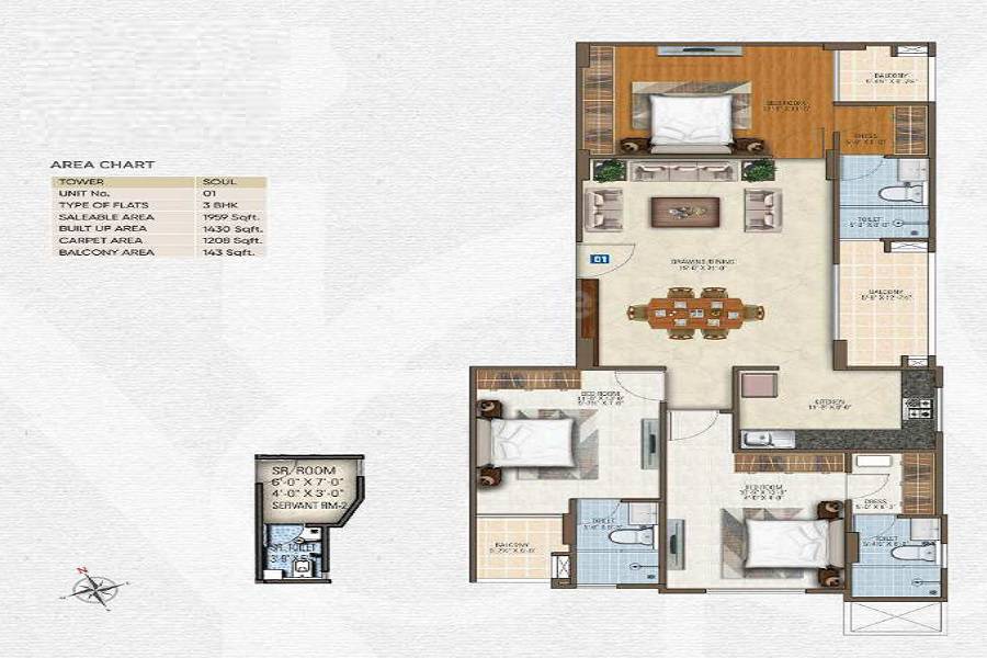 Floor plan of 3 BHK 1959 Sq. Ft. Apartment in Manglam Park Infinia, Jaipur