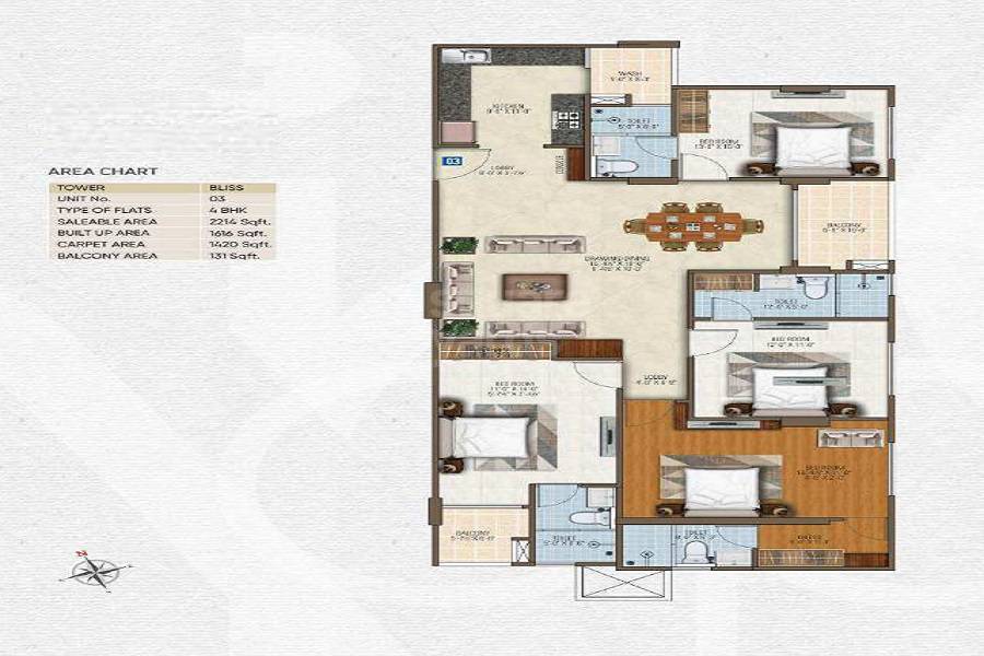 Floor plan of 4 BHK 2214 Sq. Ft. Apartment in Manglam Park Infinia, Jaipur