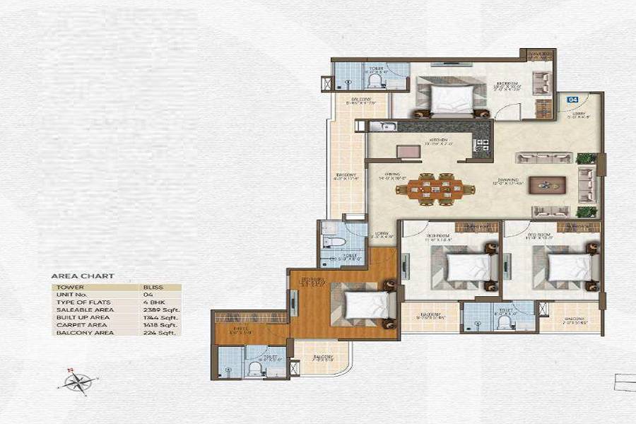 Floor plan of 4 BHK 2389 Sq. Ft. Apartment in Manglam Park Infinia, Jaipur