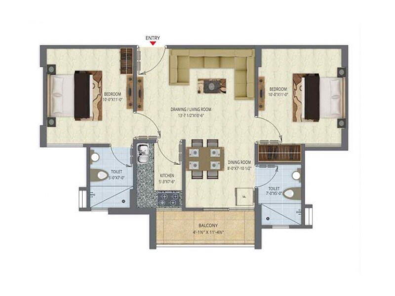 Floor plan of 2 BHK 859 Sq. Ft. Apartment in Manglam Tarang, Jaipur