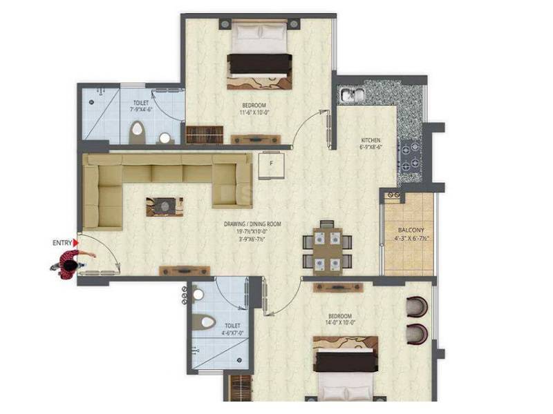 Floor plan of 2 BHK 911 Sq. Ft. Apartment in Manglam Tarang, Jaipur