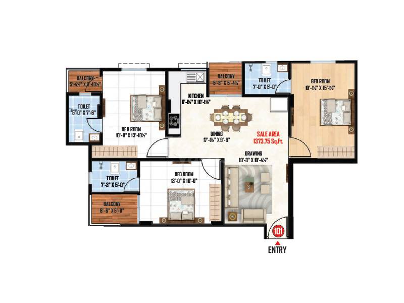 Floor plan of 3 BHK 1374 Sq. Ft. Apartment in MD G4 Heights, Jaipur