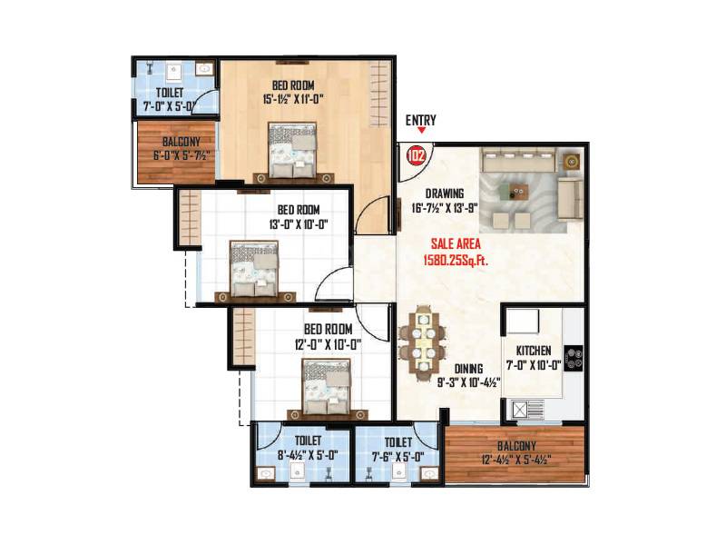 Floor plan of 3 BHK 1580 Sq. Ft. Apartment in MD G4 Heights, Jaipur
