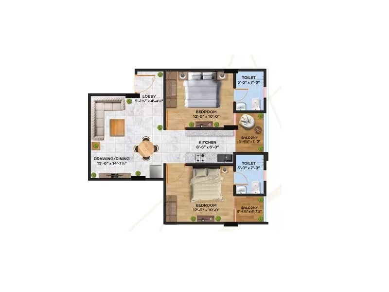 Floor plan of 2 BHK 548 Sq. Ft. Apartment in MG The Landmark, Jaipur