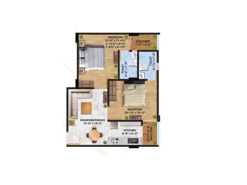 Floor plan of 2 BHK 625 Sq. Ft. Apartment in MG The Landmark, Jaipur