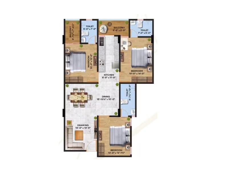 Floor plan of 3 BHK 902 Sq. Ft. Apartment in MG The Landmark, Jaipur