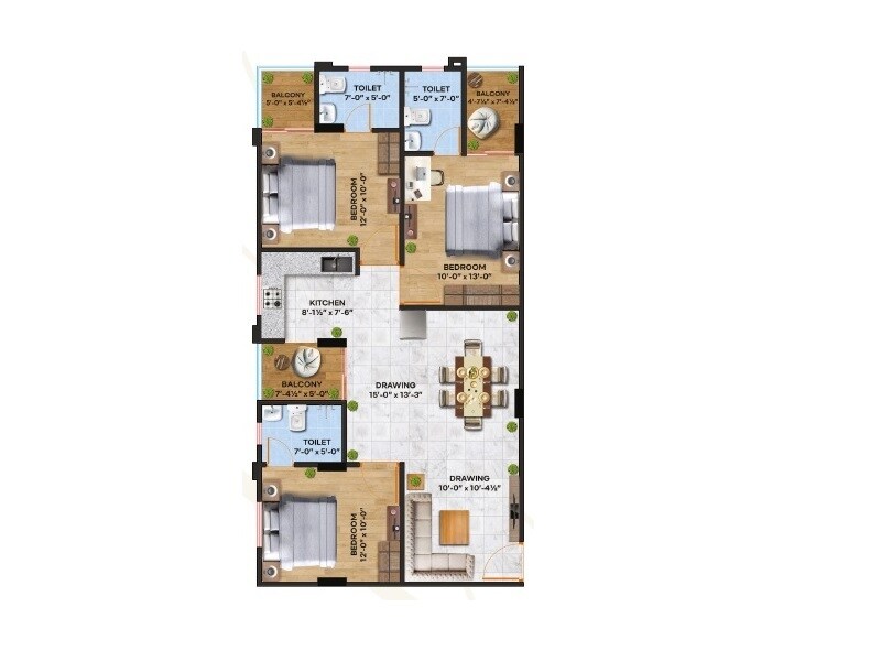 Floor plan of 3 BHK 969 Sq. Ft. Apartment in MG The Landmark, Jaipur